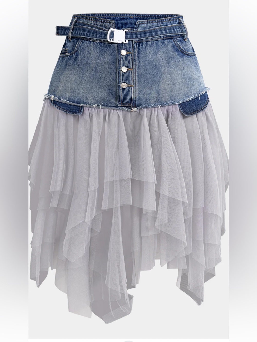 Micas Denim and Tulle Mixed Media Midi Skirt – Contrast Patchwork Design M
